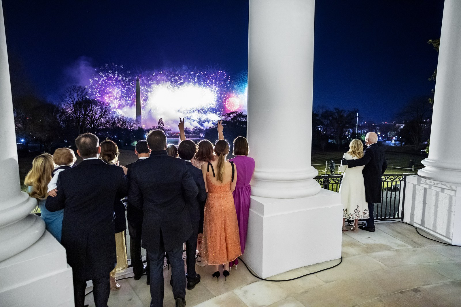 Joe and Jill Biden with family watching inauguration fireworks from the White House, January 20, 2021.