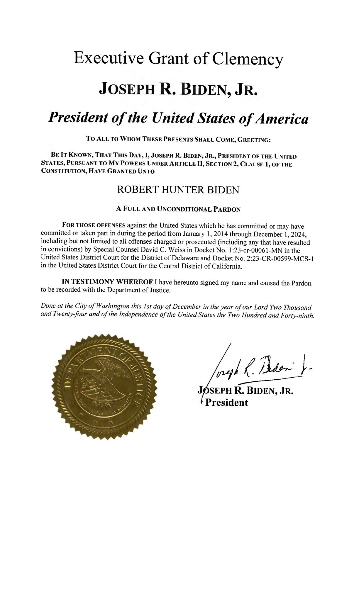 December 1, 2024 Executive Grant of Clemency for Robert Hunter Biden (document still).