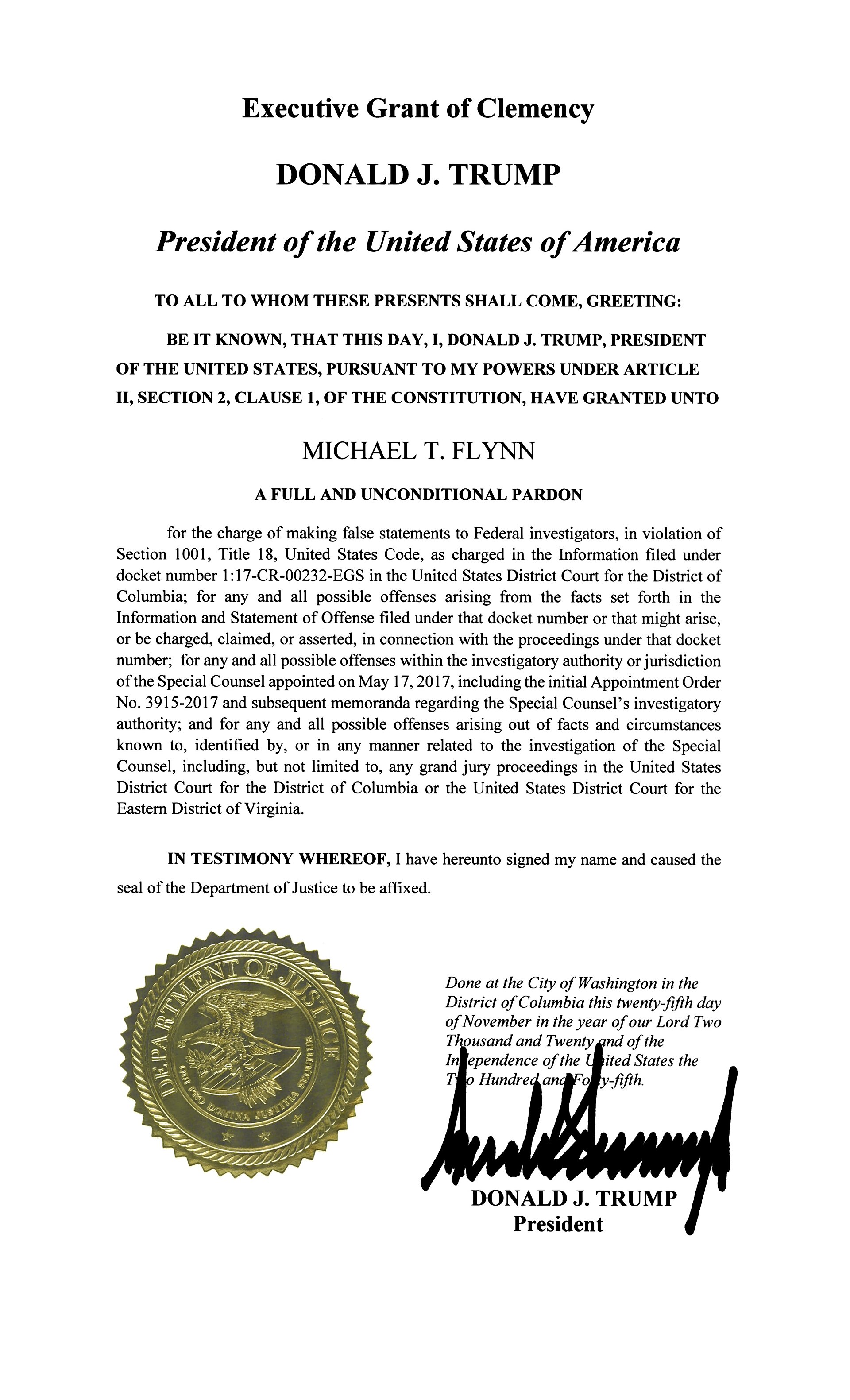 December 1, 2024 Executive Grant of Clemency for Robert Hunter Biden (document still).