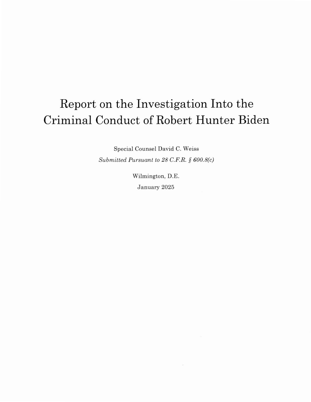 Title page area of David Weiss’s January 2025 special counsel report (document still).