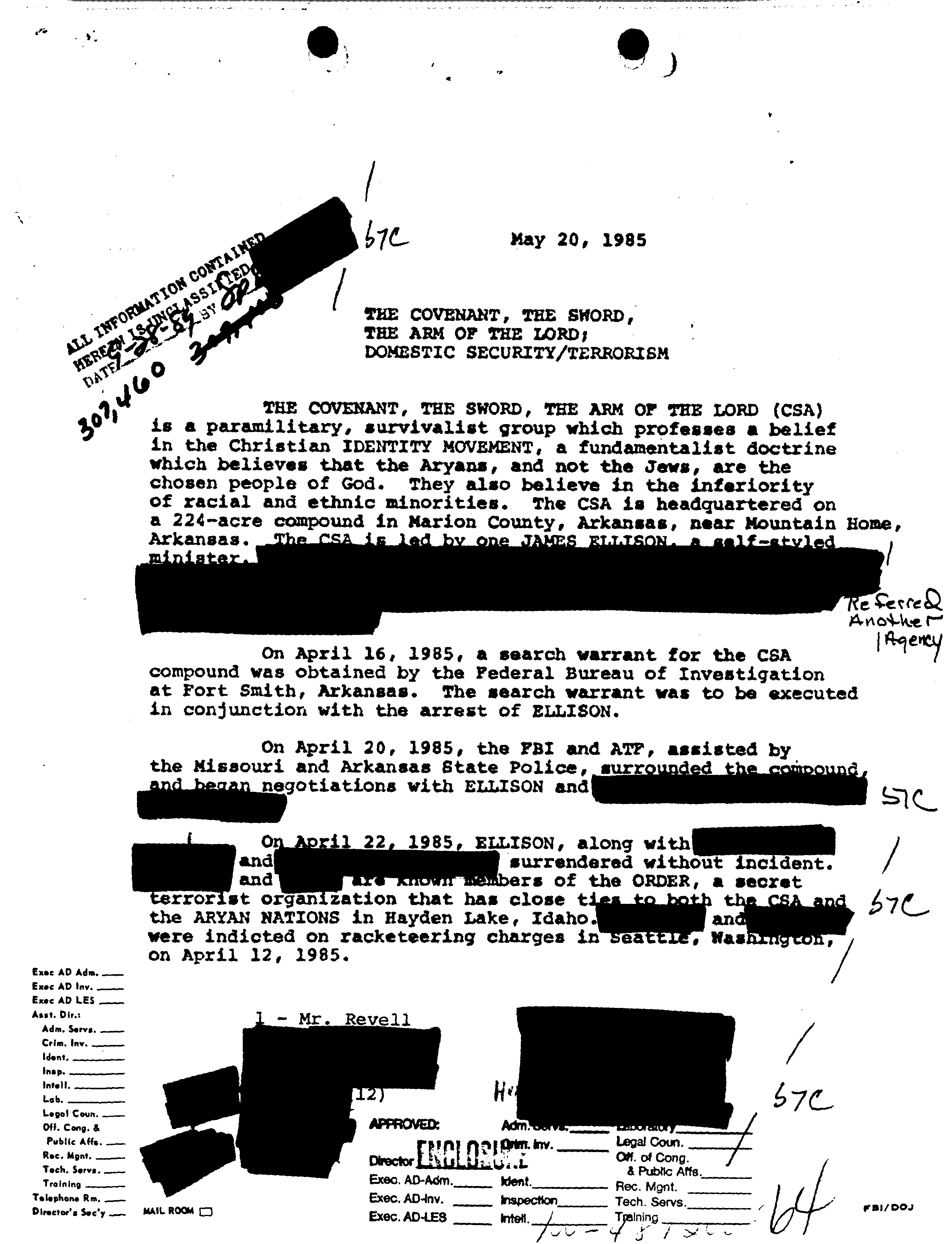 FBI memorandum on the surrender, 20 May 1985
