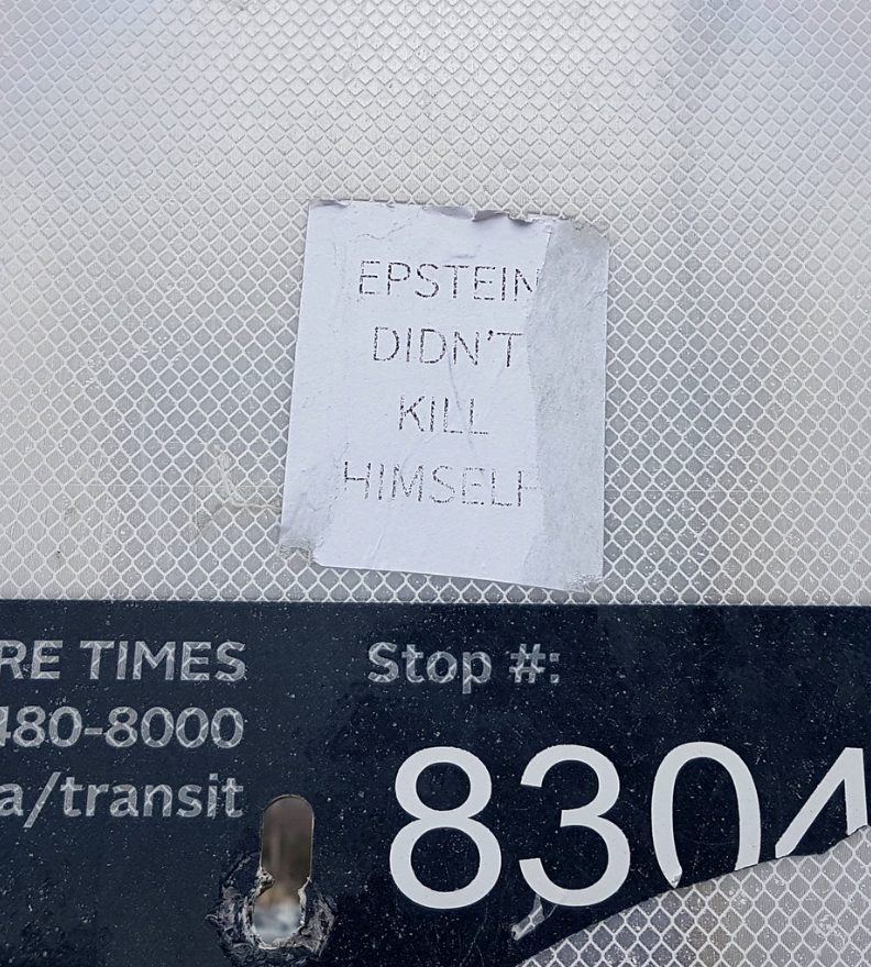 An “Epstein didn’t kill himself” sticker, 2019.
