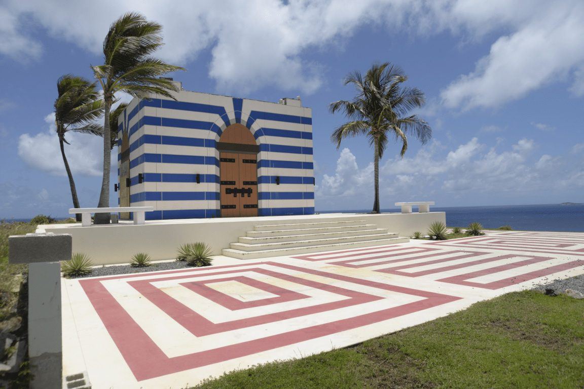 The striped building on Little St. James, photographed by the FBI on 12 August 2019. Epstein’s own correspondence called it a “mosque”; plans called it a music room or pavilion.