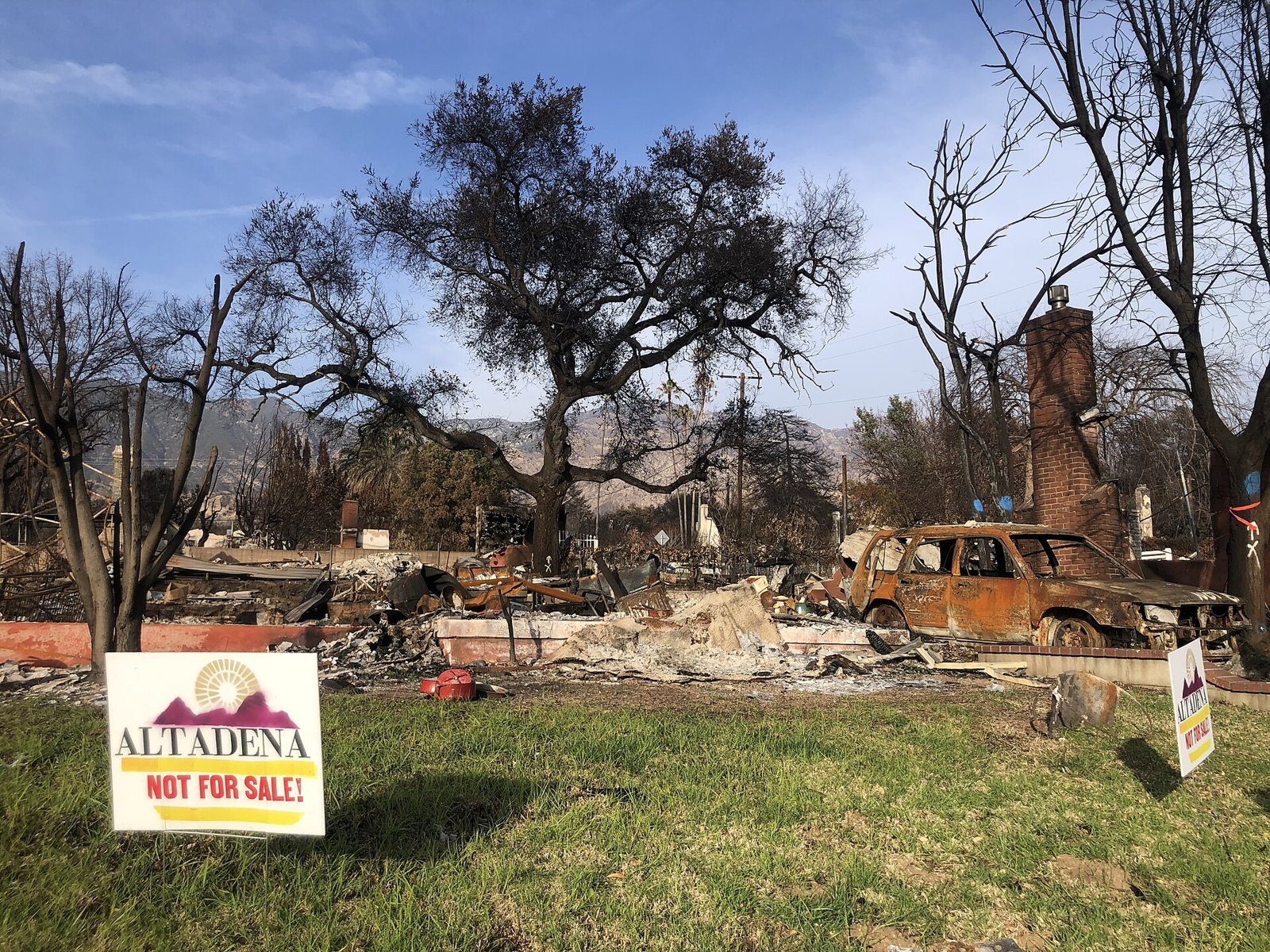 An “Altadena Not for Sale” sign outside a burned property after the Eaton fire, February 2025. Altadena is unincorporated county land, outside city jurisdiction.
