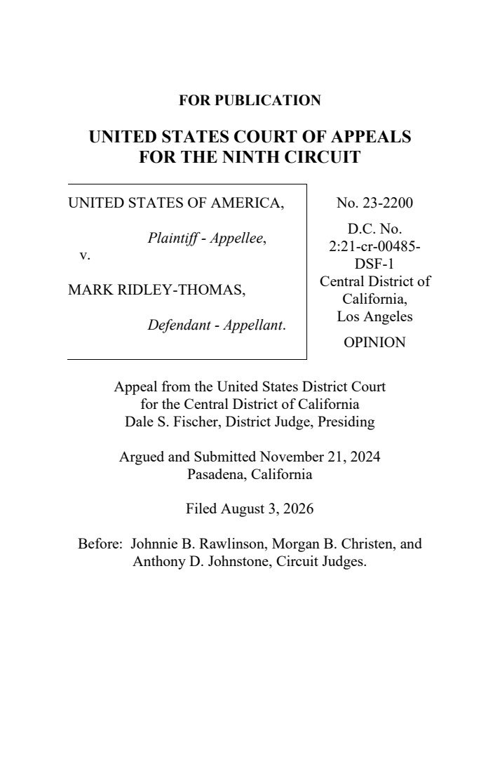 Opening page of the August 3, 2026 Ridley-Thomas appellate opinion. Bass was not the defendant; this is not a judgment convicting her.