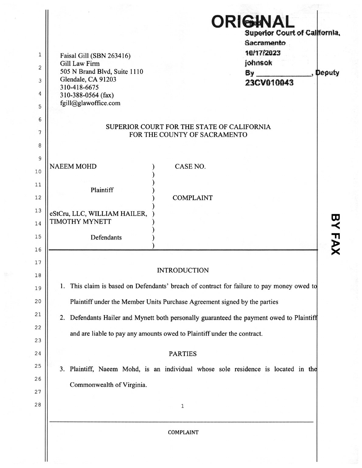 Complaint plate — the Membership Units Purchase Agreement as pled in Sacramento.