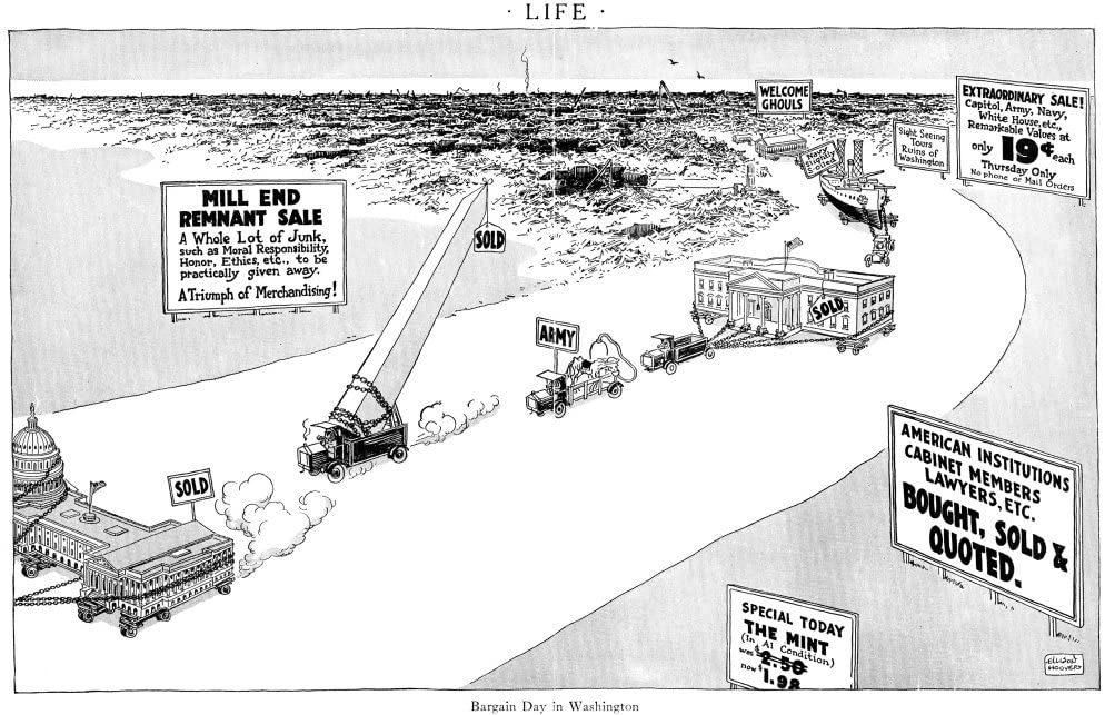 Ellison Hoover’s 1924 cartoon: the capital’s buildings and monuments carted off as if sold cheap.