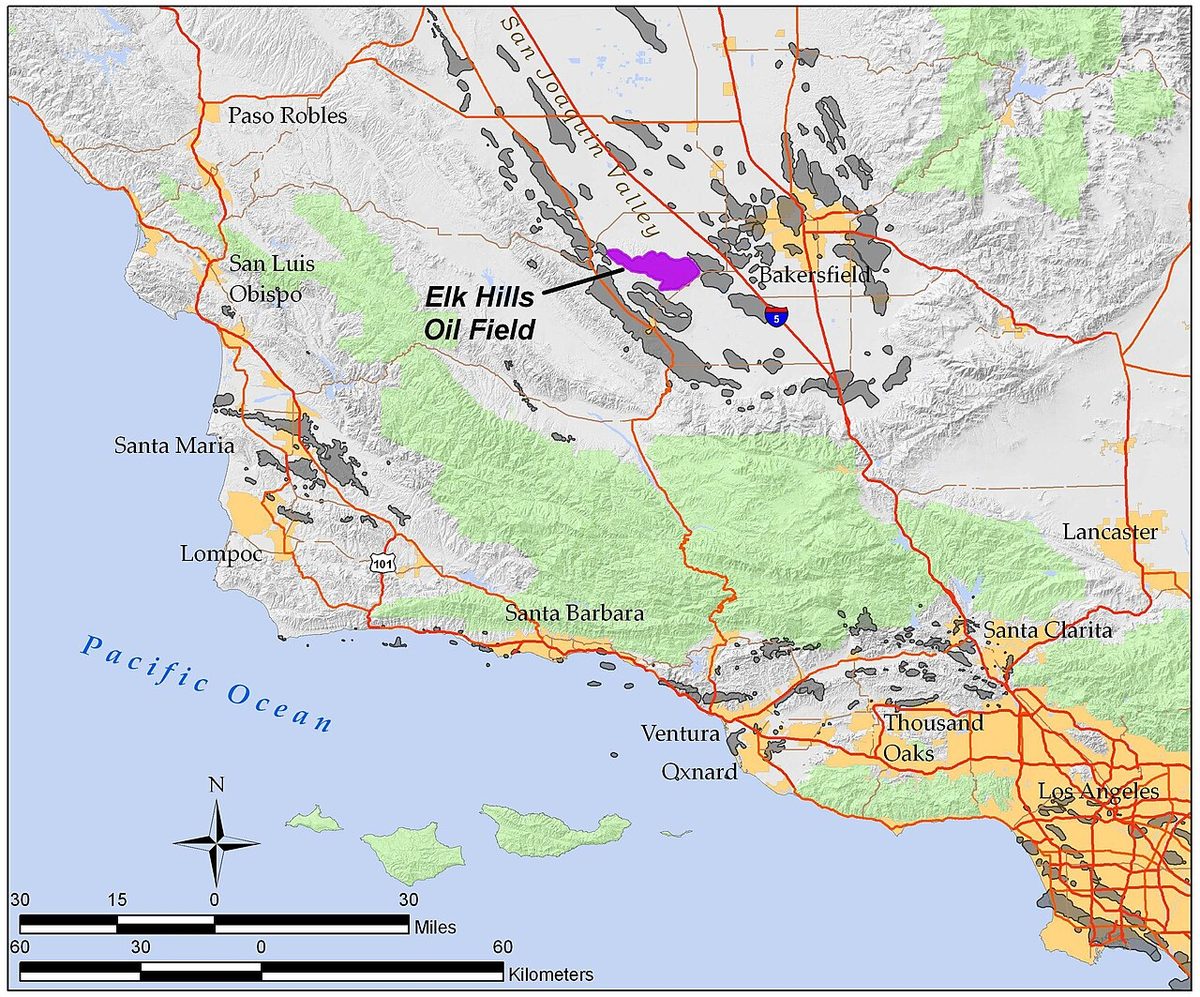 The location of the Elk Hills oil field in Kern County, California.